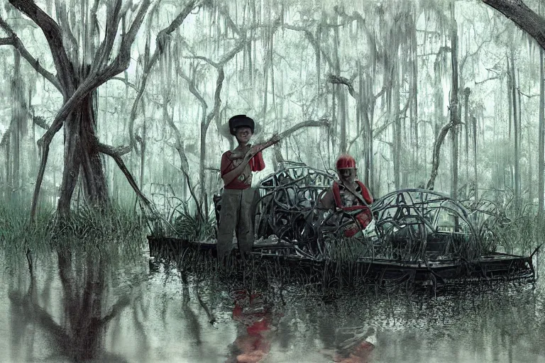 Image similar to scene from louisiana swamps, airboat with neon satanic pentagram, boy scout troop, voodoo artwork by tim eitel