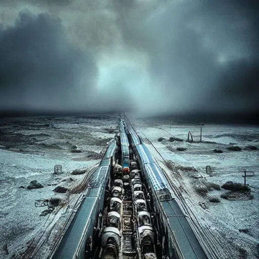 Image similar to “8k photograph of a train at the end of the world. Apocalyptic. National Geographic. Realistic.”