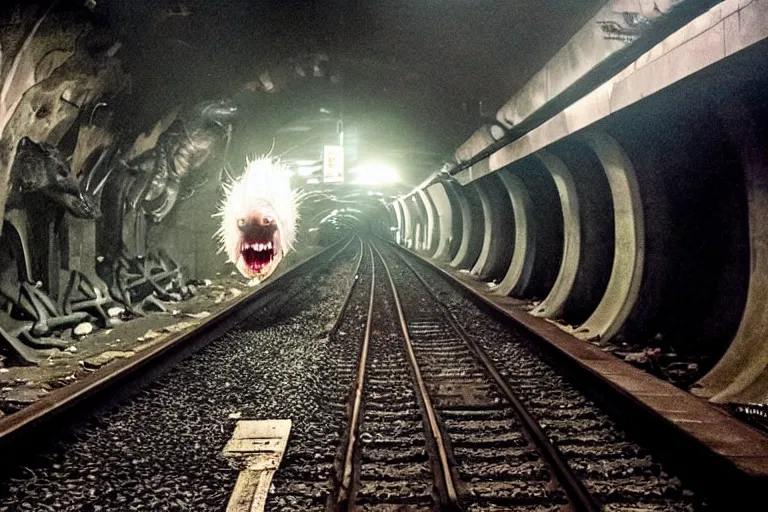 Prompt: very large giant mutant zombie irradiated ( angry rat ) staying on railways in tonnel of moscow subway. tonnel, railways, giant angry rat, furr, fangs, very realistic. extreme long shot, flash photography, anish kapoor, herman nitsch, giger.