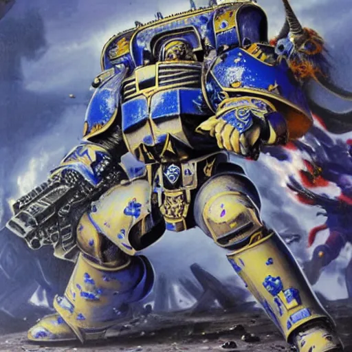 Prompt: Hyper-realistic Warhammer 40k ultramarine fighting against the forces of chaos