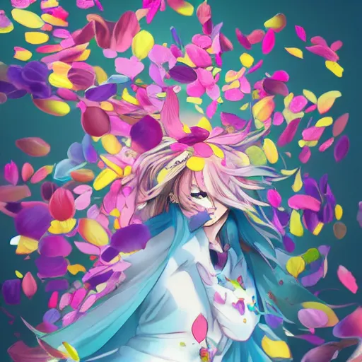 Prompt: spaciously scattered multi colored flower petals flowing through the air from left to right on a clean background, anime, artgerm, manga, trending on artstation, wlop, artgerm