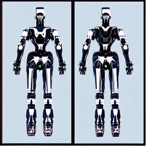 Prompt: “Front and back full body full height | sleek futuristic biped mecha | super high resolution photo | White background | Front and rear | Orthographic engineering diagram.”