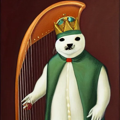 Image similar to portrait of a anthropomorphic baby harp seal dressed as an italian king, oil painting by sandra bottecelli