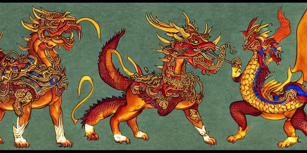 Image similar to chinese god of warcraft controling the four animal guards of the north east south west : : qilin, dragon, tortoise and phoenix, chinese myth, scared animal, legendary creatures of china