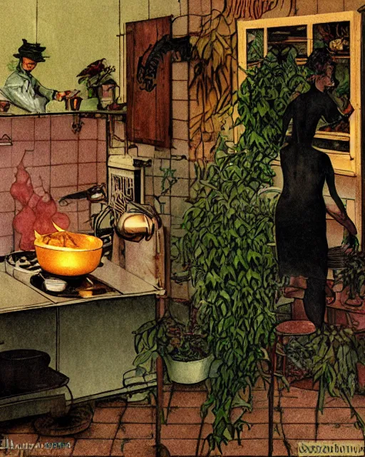 Prompt: dark fleshy figure cooking on stove top while another dark figure laughs alone inside a kitchen overgrown with plants in the style of Norman Rockwell and Greg Rutkowski and Francis Bacon