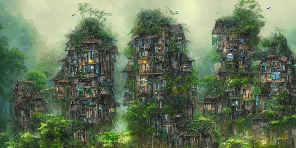 Image similar to long and tall fractal houses, village, jungle, artstation, digital art