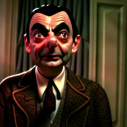 Image similar to mr. bean as wednesday from the adams family. movie still. cinematic lighting.