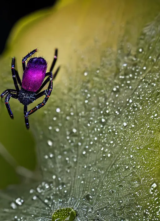 Prompt: beautiful macro photograph of a deep purple spider on a lotus flower, golden hour, golden ratio, nikon d 8 1 0, sigma 8 5 mm ƒ / 2. 5, award - winning, wet hdr refractions, insanely detailed, 8 k, * * * * *