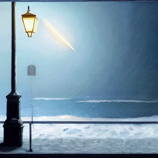 Image similar to Elle Fanning opening a portal on the beach in the world of Edward Hopper, stormy snowy weather, streetlights, extremely detailed masterpiece, oil on canvas, low-key neon lighting, artstation, Blade Runner 2049, Roger Deakin’s cinematography, by J. C. Leyendecker and Peter Paul Rubens,