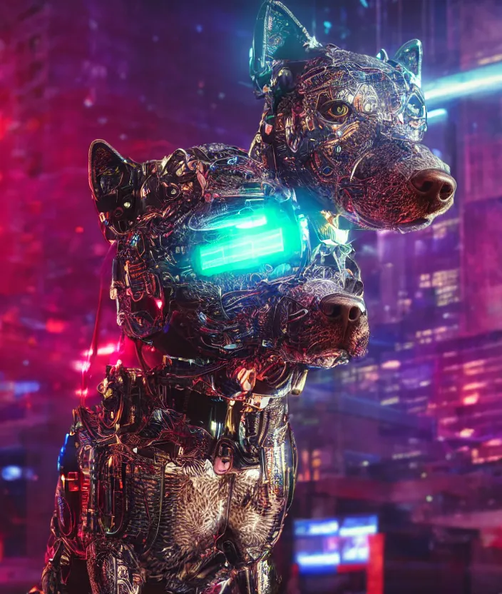 Image similar to japanese model cyborg dog with digital led skin, neon lighting, techno neon projector background, family photo, intricate details, ultra realistic, unreal engine 5, depth of field, bokeh, octane render