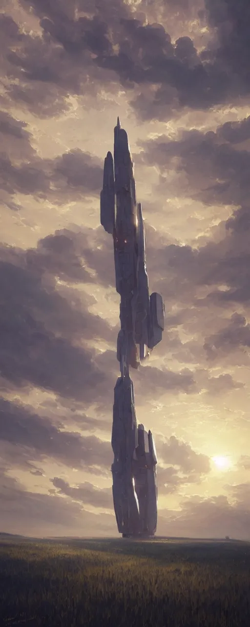 Image similar to wide shot of a tall and thin monolithic spaceship hovering in the air high above a cornfield, late afternoon, golden hour, highly detailed, smooth, sharp focus, concept art by greg rutkowski and ruan jia and stanley lau