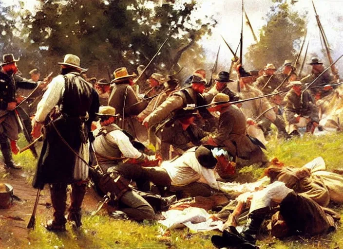 Image similar to anders zorn oil painting of instruction of american civil war battle scene, interpersonal, intimate