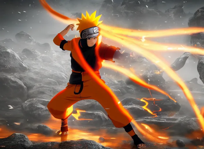 Image similar to naruto and the nine tails on the battlefield, ultra realistic 4 k unreal engine very cinematic render with ray tracing bloom ambient occlusion strong reflections depth of field fog