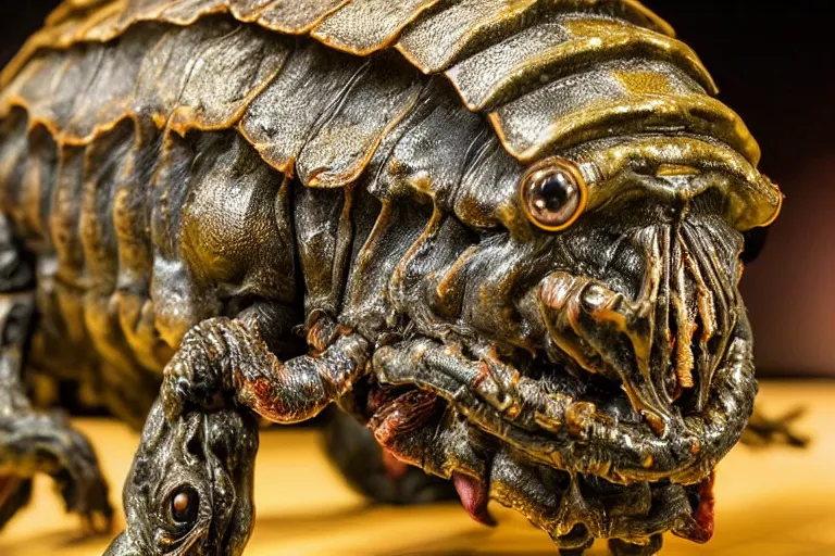 Prompt: photo taken of an epic intricate, ultra detailed, super realistic sculpture of a wet, slimy, nightmarish hellish demonic trilobite creature on display in a workshop, created by weta workshop, zoomed in shots, photorealistic, sharp focus, f 0. 4, face centred, macro photography, golden ratio, kodachrome