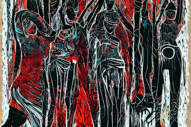 Image similar to abstract background for the winter. tribal dance theme. modern design, painting for a wall, afrikan post - apocalyptic art deco print. ink brush strokes, brushes, lines, woman silhouette, grungy. dirty artistic elements. acrylic art, in the style of danny mcbride and / or knyazev konstantin