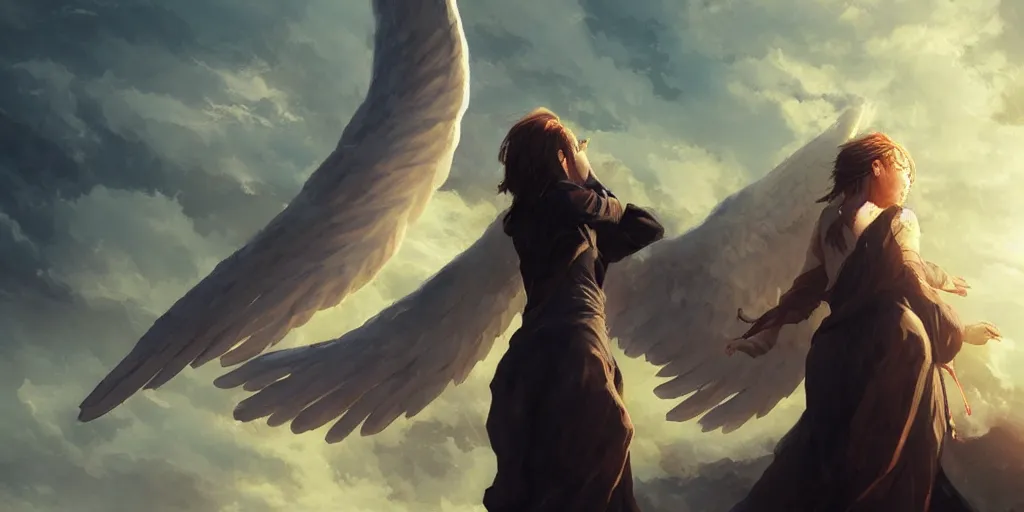 Prompt: a biblically accurate angel, dramatic sky, distant shot, anime art, Greg Rutkowski, dramatic lighting