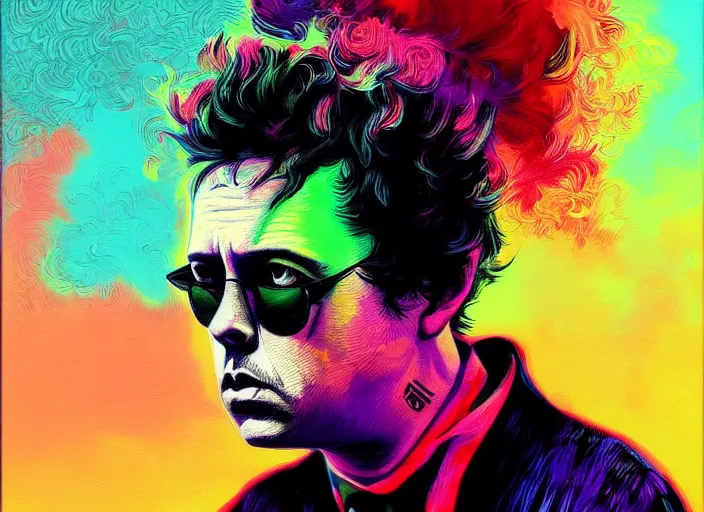 Prompt: A psychedelic portrait of billie joe armstrong, vibrant color scheme, highly detailed, in the style of romanticism, cinematic, artstation, Moebius, Greg rutkowski