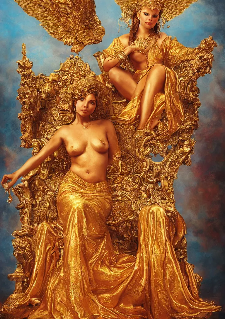 Image similar to a beautiful painting of a golden goddess sitting on a throne, detailed portrait, dennis velleneuve, warm colors, ultra realistic, 8 k, photography