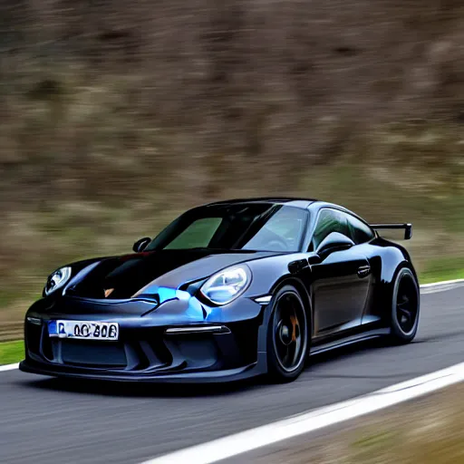 Image similar to a black 2 0 2 1 porsche 9 1 1 gt 3 driving on a windy road, action photo, 4 k