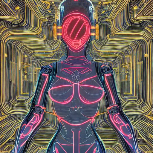 Image similar to a beautiful body of a bot pilot woman mostly made of wires and electronic circuits led luminous, an ultrafine detailed illustration by james jean, final fantasy, intricate linework, bright colors, behance contest winner, vanitas, angular, altermodern, unreal engine 5 highly rendered, global illumination, radiant light, detailed and intricate environment