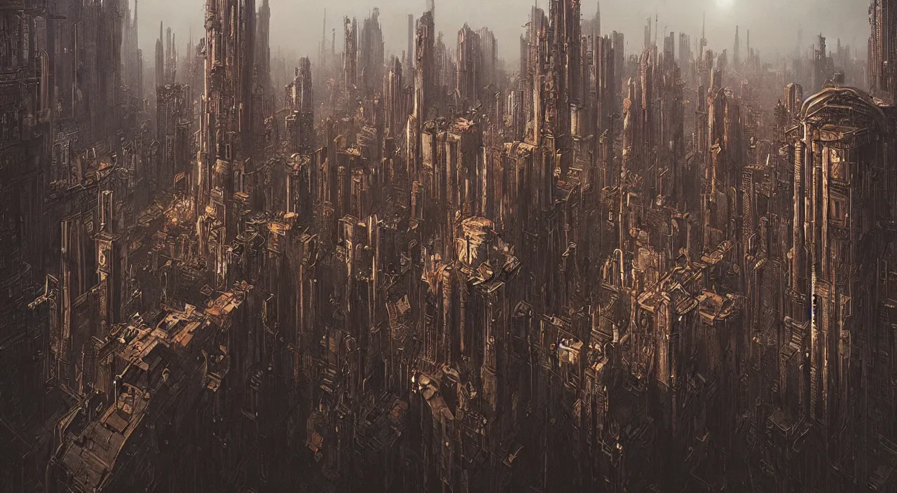 Image similar to cyberpunk city with renaissance architecture, cinematic lighting, hyper detailed, hyper realistic, in the style of beksinski