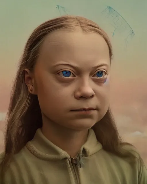 Image similar to closeup face profile portrait of greta thunberg as a soviet chernobyl space toy, bikini, depth of field, zeiss lens, detailed and intricate environment, fashion photoshoot by nicoletta ceccoli, mark ryden, lostfish, breathtaking, 8 k resolution, artistic, hyperrealistic, octane render