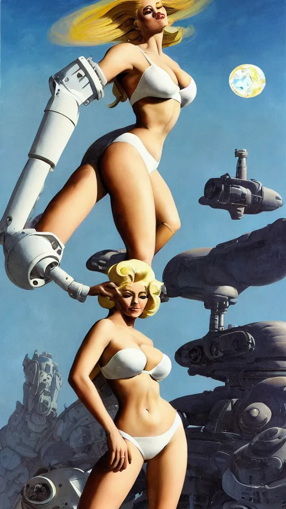 Prompt: A mixed media portrait painting of a beautiful blonde brunette woman exploring an alien planet, very curvy, aesthetic! high-waisted white-bikini-armor and boots, holding raygun, aesthetic symmetrical face and eyes, model, Scandinavian, wet, discarded mechsuit in background, by Frank Frazetta, Boris Vallejo, Beeple, Greg Rutkowski, Christian MacNevin, eighties-pinup style, epic fantasy character art, high fantasy, CGsociety, exquisite detail, post-processing, masterpiece, cinematic