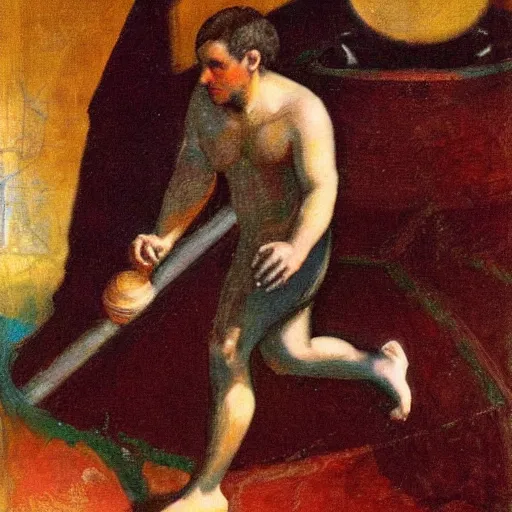 Image similar to a painting of benjamin netanyahu as sisyphus, by franz stuck