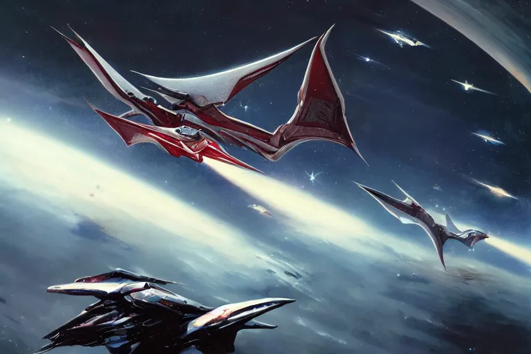 Image similar to gnostic space nebula framing a pteranodon mecha interceptor, small against the backdrop of space, white john berkey armor panels, wine-red and grey trim, robotech styling, with white Kanji markings outlined in black, boeing concept art painting, cinematic lighting, amazing lifelike cinematic photo render