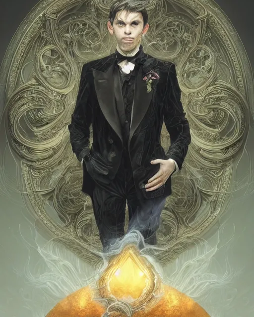 Image similar to a highly detailed portrait of devious male magician radiating a powerful energy aura, ornate back tuxedo, wispy tendrils of smoke, swirling vortex of energy, performance art, intricate, digital painting, old english, raining, sepia, particles floating, whimsical background by marc simonetti, digital art by artgerm and greg rutkowski and alphonse mucha