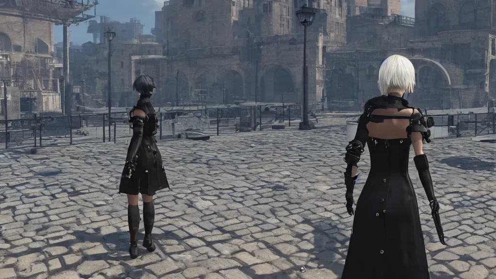 Prompt: Screenshot from Nier Automata, at the Old Port of Marseille