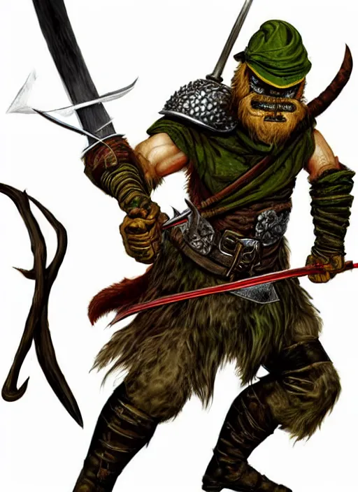 Image similar to strong young man, photorealistic bugbear ranger holding a flaming sword, black beard, dungeons and dragons, pathfinder, roleplaying game art, hunters gear, jeweled ornate leather and steel armour, concept art, character design on white background, by alan lee, norman rockwell, makoto shinkai, kim jung giu, poster art, colours red and green