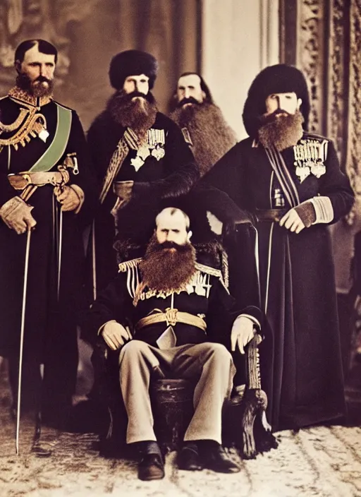 Image similar to a royal court gathering of tsar nicholas, rasputin, circa 1 9 1 4 but as a real life color photo