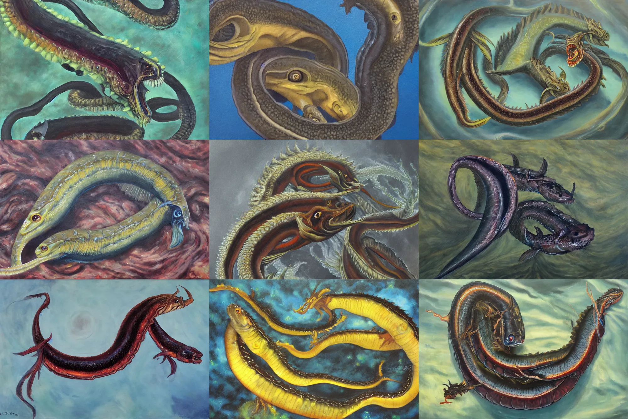 Prompt: a dramatic oil painting of a two headed dragon eel