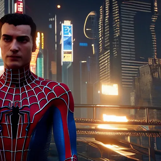 Prompt: a film portrait still of spiderman from cyberpunk 2 0 7 7 unrealengine 5. realism, cinematic lighting, highly detailed spider - man, 4 k. 8 mm. grainy. panavision.