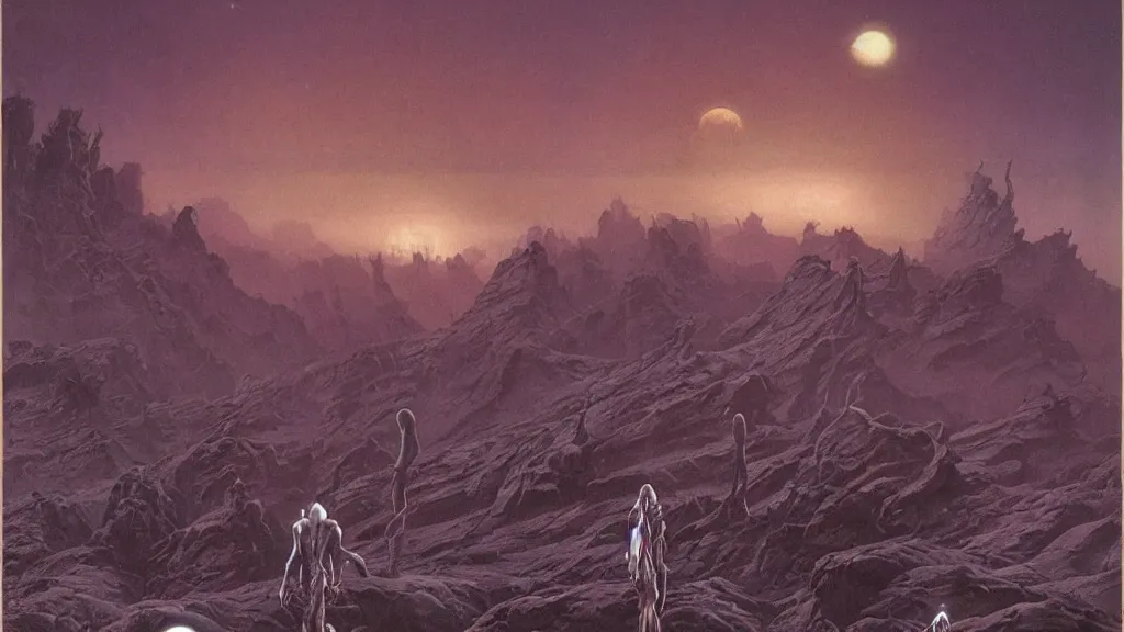 Image similar to eerie atmospheric evolving alien planet by gerald brom and vincent di fate, epic cinematic matte painting