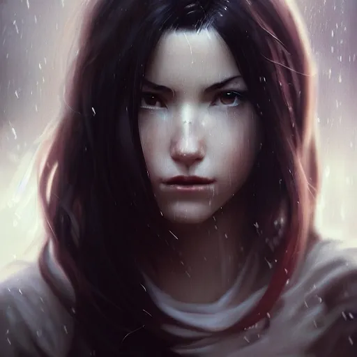 Image similar to Beautiful riveting Tifa Lockhart portrait, face centered portrait, Confident, fog, rain, volumetric lighting, beautiful, golden hour, sharp focus, ultra detailed, conceptartworld by Leesha Hannigan, Ross Tran, Thierry Doizon, Kai Carpenter,Ignacio Fernández Ríos