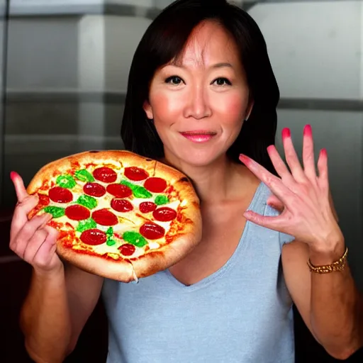 Image similar to michelle yoeh has pizza fingers