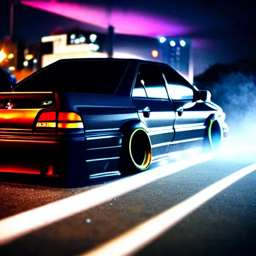 Prompt: a car JZX90 twin turbo drift at illegal car meet, saitama prefecture, city midnight mist lights, cinematic lighting, photorealistic, highly detailed wheels, high detail
