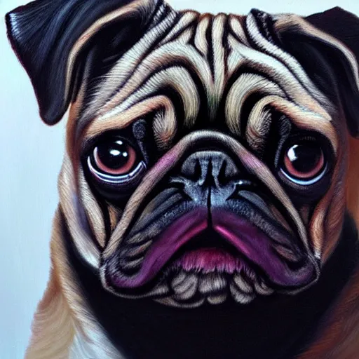 Prompt: oil painting, a pug with gothic emo hair, intricate, masterpiece, artstation, stunning