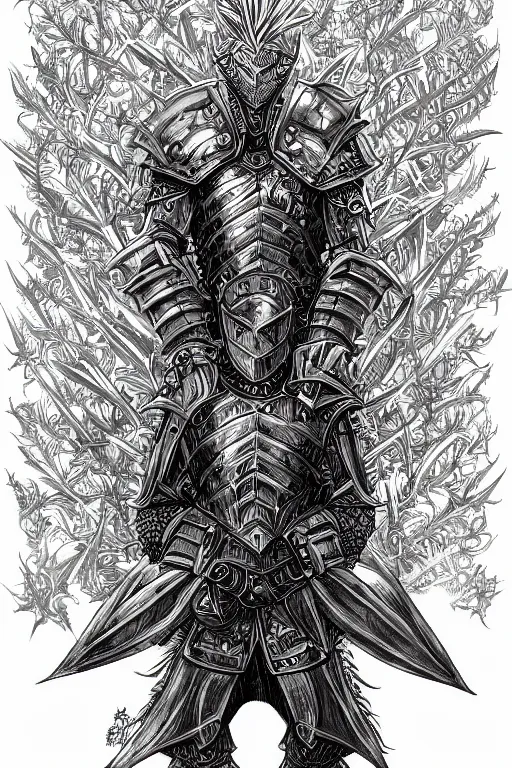 Image similar to thistle armoured warrior, symmetrical, highly detailed, digital art, pointy themed armour, sharp focus, trending on art station, kentaro miura manga art style