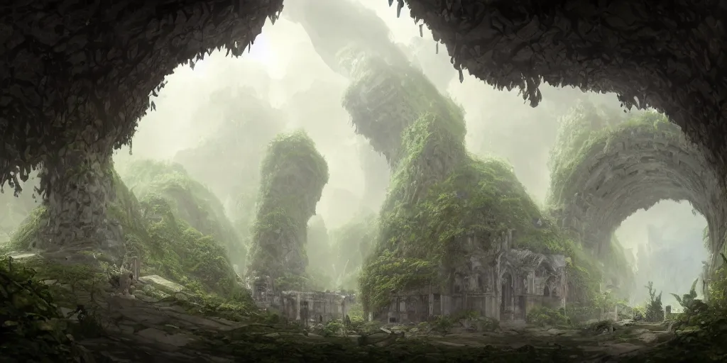 Image similar to Underground Dryad city hidden inside a large cavern, lush greenery, two round black columns in the center of the city, buildings made of white stone, Baroque architecture. In style of Hyung-tae Kim, Greg Rutkowski and Larry Elmore, concept art, trending on ArtStation, Korean MMORPG, over-detailed art, 8K, epic, dynamic lightning, scenery, .
