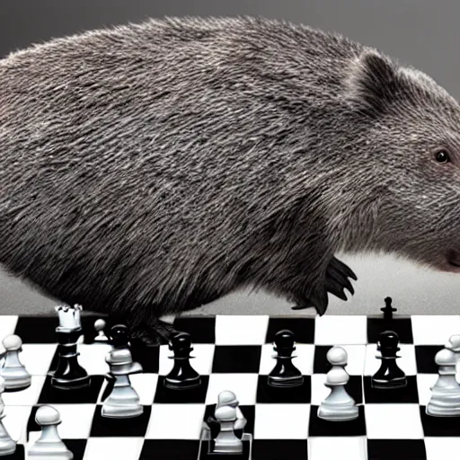 Image similar to crazy wombat playing chess in stellenbosch de zalze with dark clouds and lighting