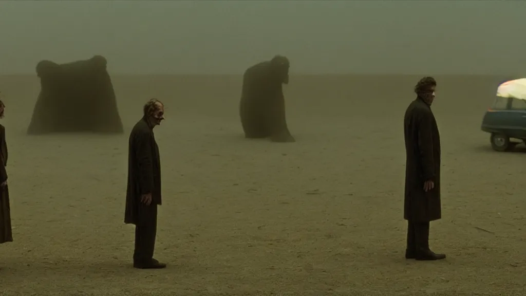 Prompt: the strange creature sells a used car, film still from the movie directed by denis villeneuve and david cronenberg with art direction by salvador dali and zdzisław beksinski, wide lens