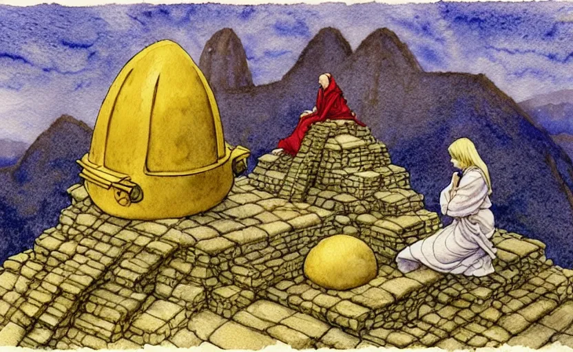 Image similar to a realistic and atmospheric watercolour fantasy concept art of a golden ufo landing on top of a machu pichu. female medieval monk in grey robes kneeling with her hands by her sides. by rebecca guay, michael kaluta, charles vess and jean moebius giraud