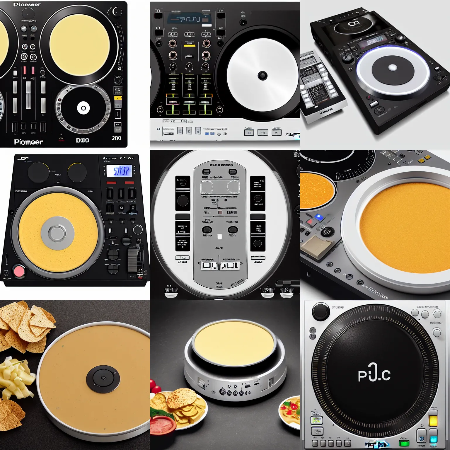 Prompt: pioneer CDJ-2000 full of queso dip, product photo, orthographic image, white background