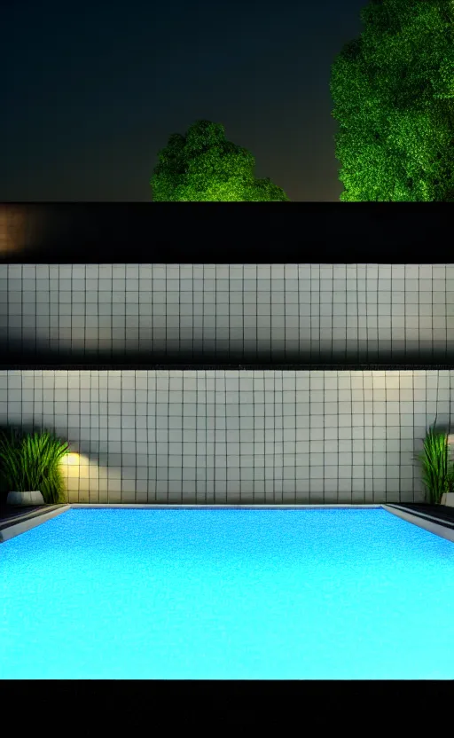 Image similar to swimming pool at night, soft render, volumetric lighting, 3d grainy illustration
