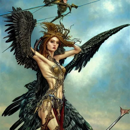 Image similar to a flying harpy with huge eagle wings impaled by a dozen arrows, d & d, fantasy, luis royo, magali villeneuve, donato giancola, wlop, krenz cushart, hans zatka, klimt, alphonse mucha