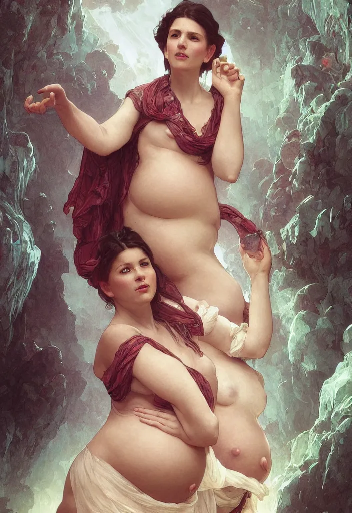 Prompt: epic pregnant woman talking to all her tribe with fluorescence bodies, proud people gather around the pregnant woman, ice cave, intricate, elegant, highly detailed, digital painting, artstation, concept art, smooth, sharp focus, illustration, art by artgerm and greg rutkowski and alphonse mucha and william - adolphe bouguereau