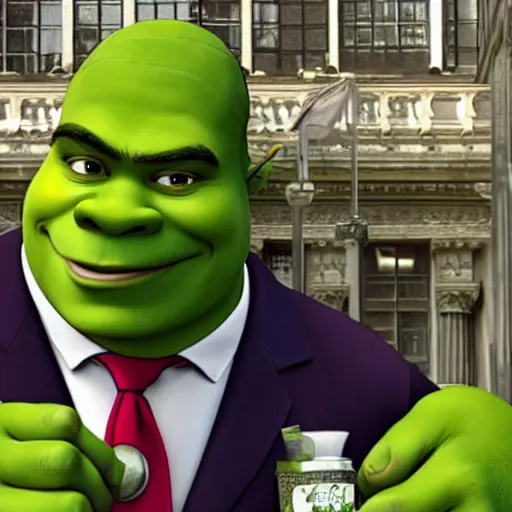 Image similar to shrek in a business suit on wallstreet